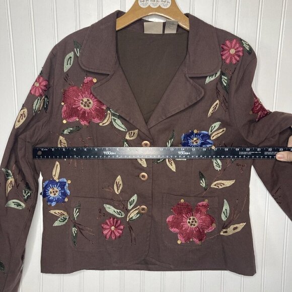 Passports Womens Large Floral Embroidered Beaded Brown Cotton Lined Jacket - Picture 8 of 11